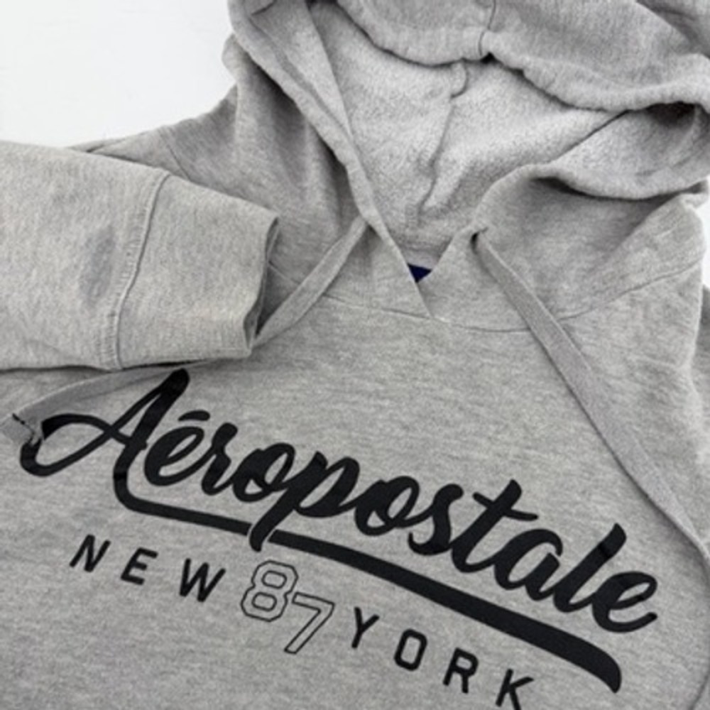 Aeropostale Womens XL Heather Gray Cropped Graphic Hoodie New York 87 Sweatshirt